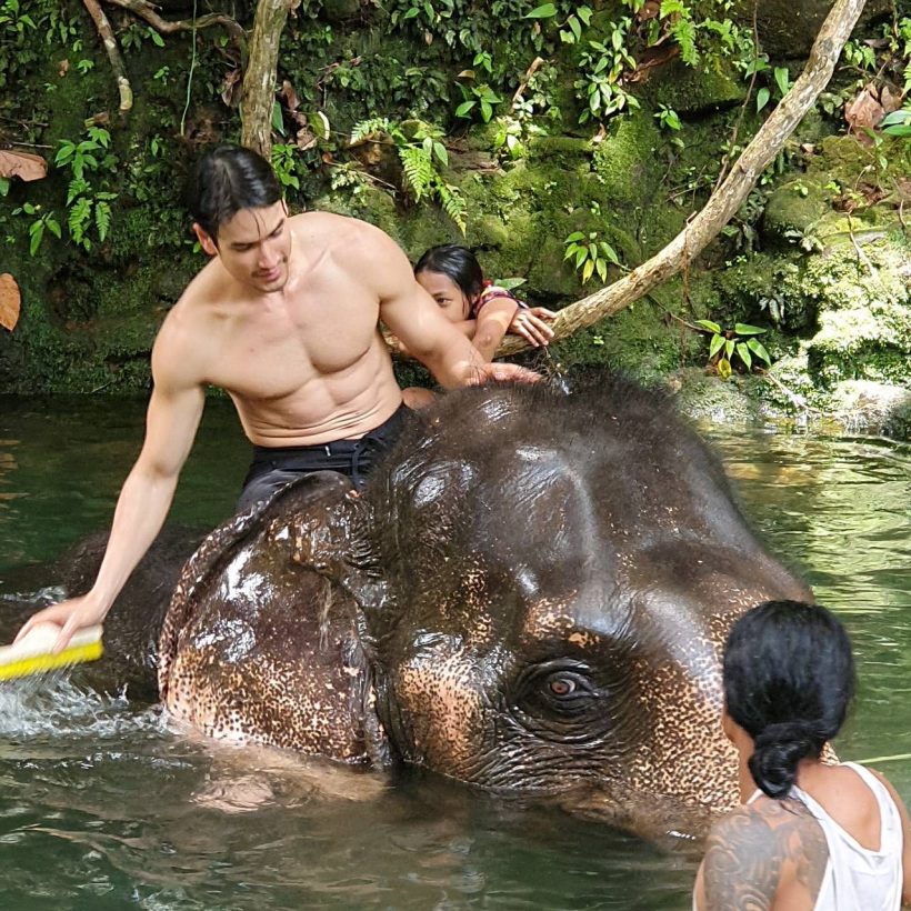 ตะลึงทั้งถนน! หนุ่มหล่อเปลือยหน้าสด เดินเล่นกับช้างดูหน้าดีๆ ที่แท้พระเอก