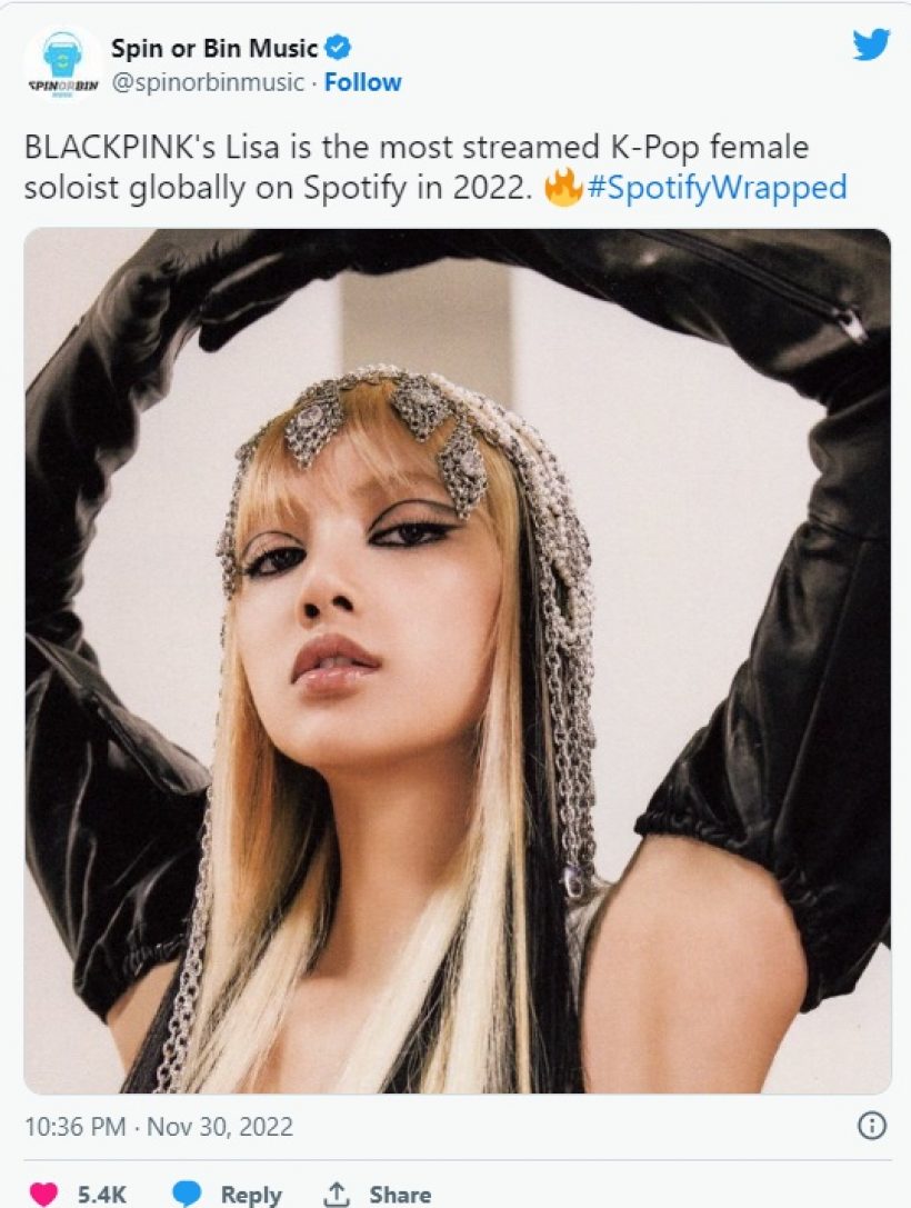 ลิซ่าปังอีกแล้ว ขึ้นแท่นศิลปินหญิงเดี่ยวประสบความสำเร็จใน Spotify