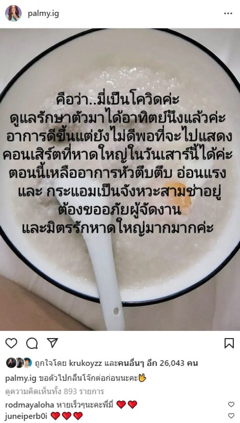 กำลังใจท่วมท้น!! ปาล์มมี่ ประกาศติดโควิด-19